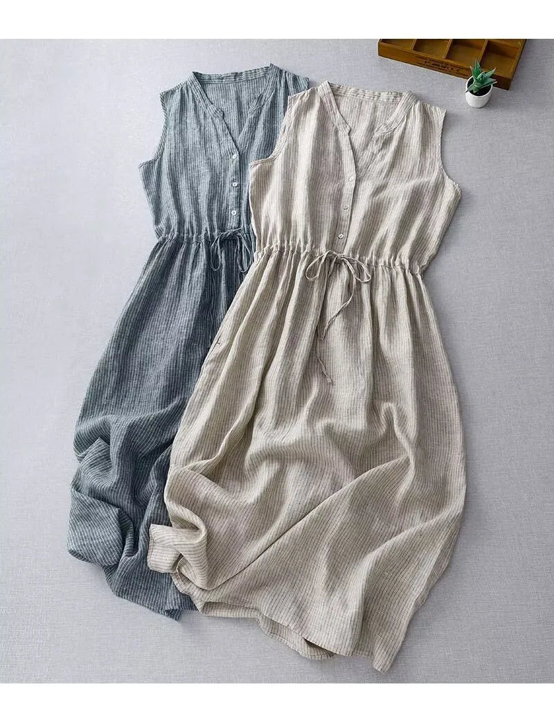 Cotton Linen Striped Vest Dress