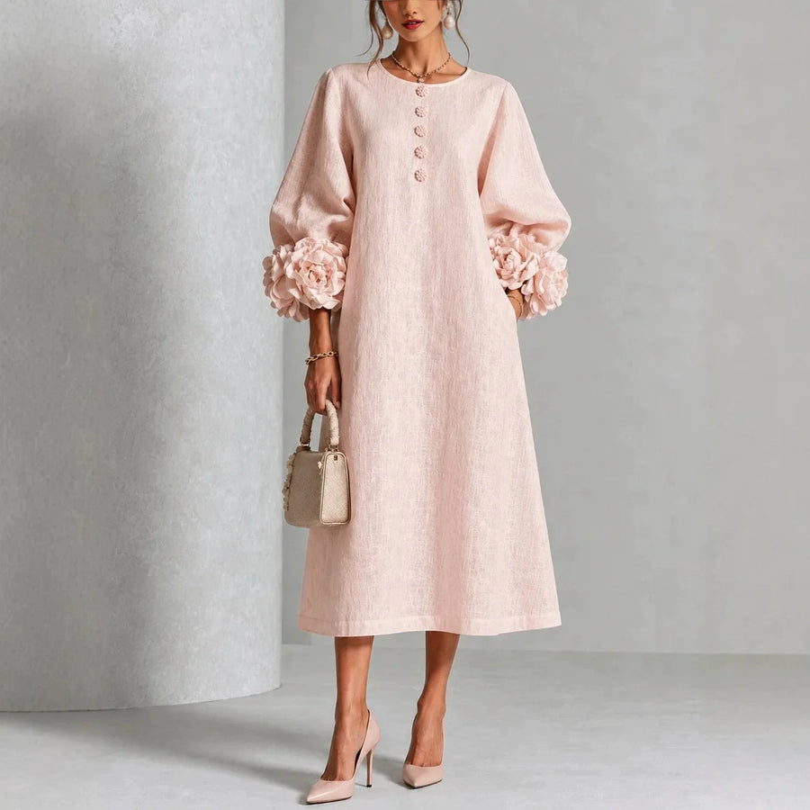 Linen Floral Lantern-Sleeve Dress