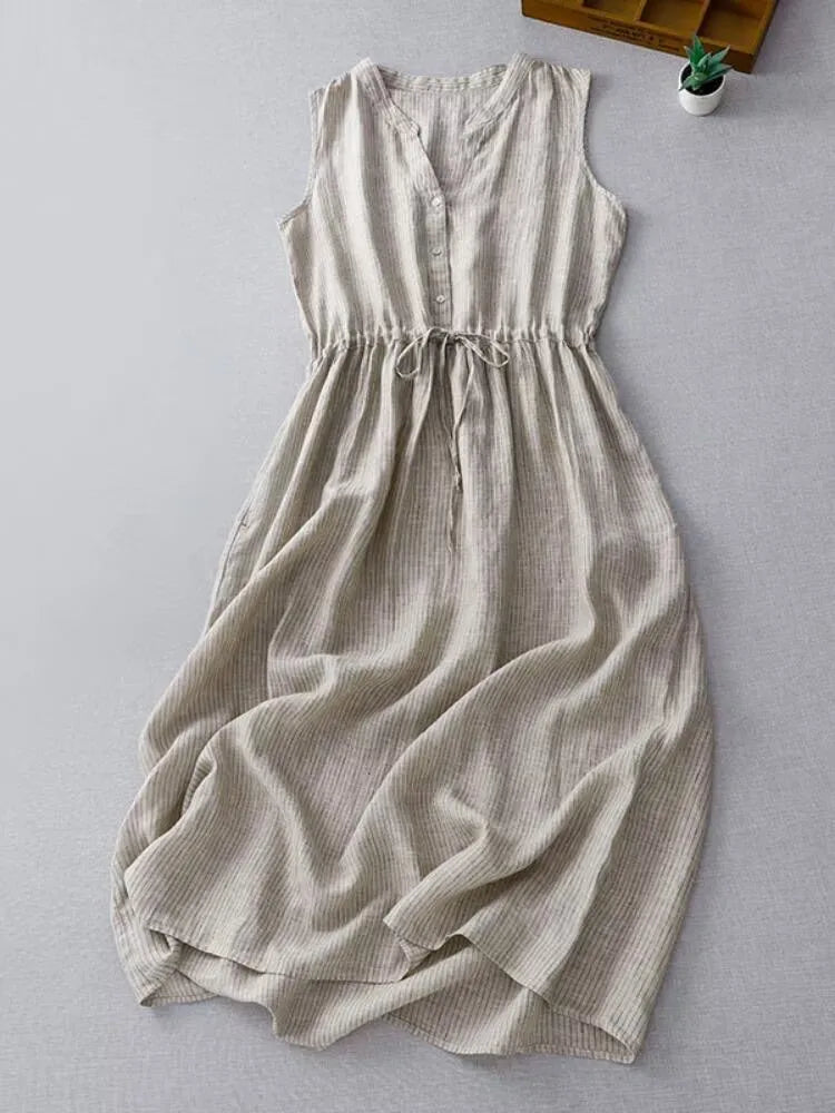 Cotton Linen Striped Vest Dress