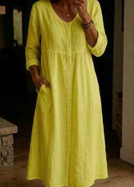 Women's Cotton Linen Dress – Loose Fit Button Summer Casual