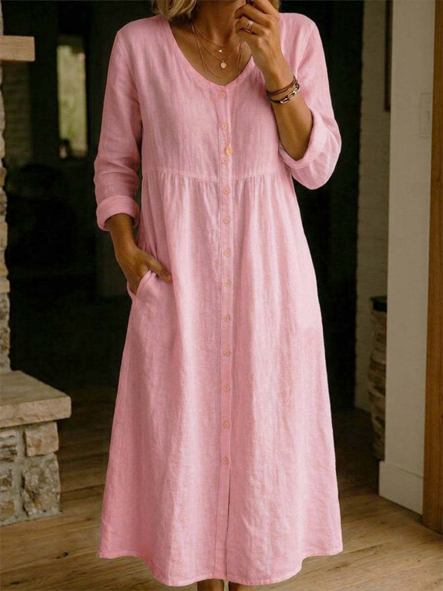 Women's Cotton Linen Dress – Loose Fit Button Summer Casual