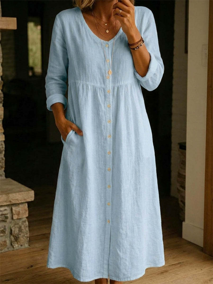 Women's Cotton Linen Dress – Loose Fit Button Summer Casual