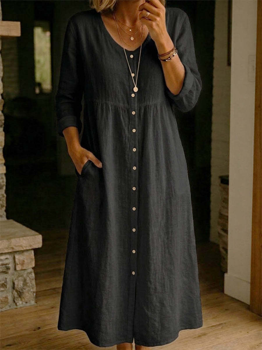 Women's Cotton Linen Dress – Loose Fit Button Summer Casual