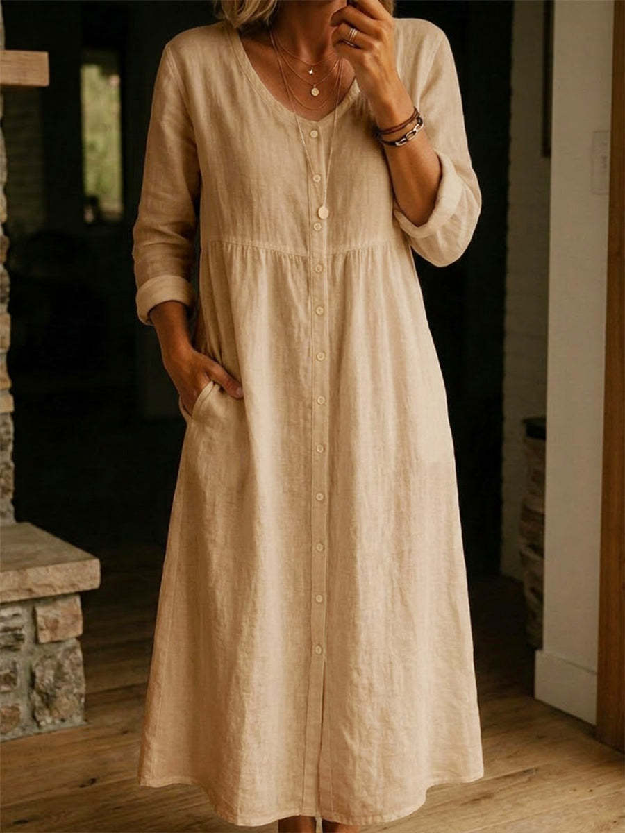 Women's Cotton Linen Dress – Loose Fit Button Summer Casual