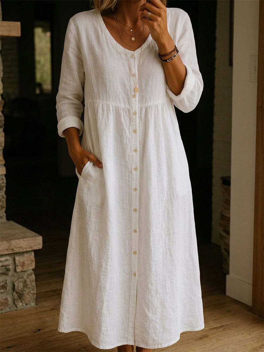 Women's Cotton Linen Dress – Loose Fit Button Summer Casual
