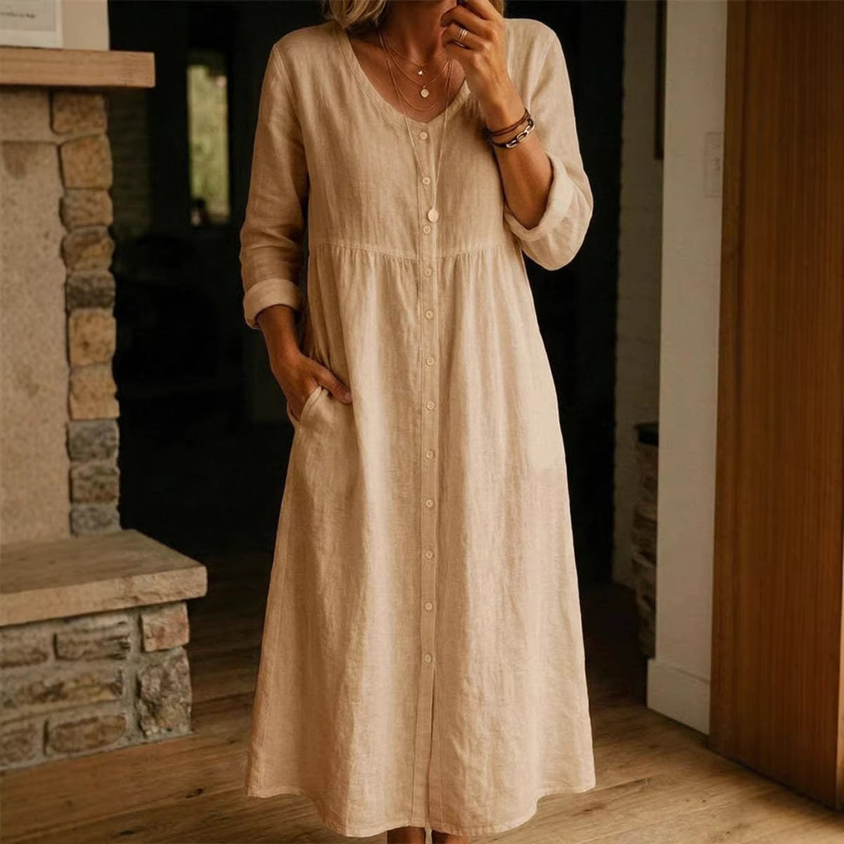 Women's Cotton Linen Dress – Loose Fit Button Summer Casual