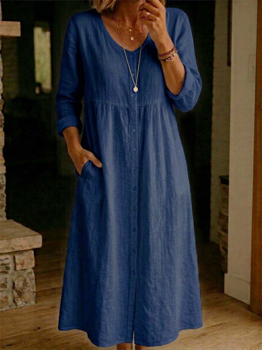 Women's Cotton Linen Dress – Loose Fit Button Summer Casual