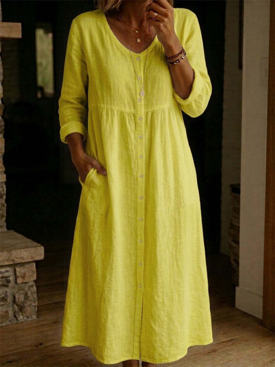 Women's Cotton Linen Dress – Loose Fit Button Summer Casual