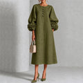 Linen Floral Lantern-Sleeve Dress