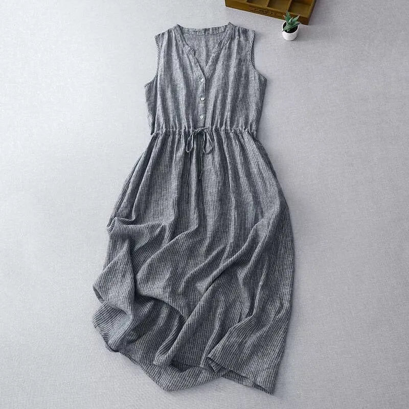 Cotton Linen Striped Vest Dress