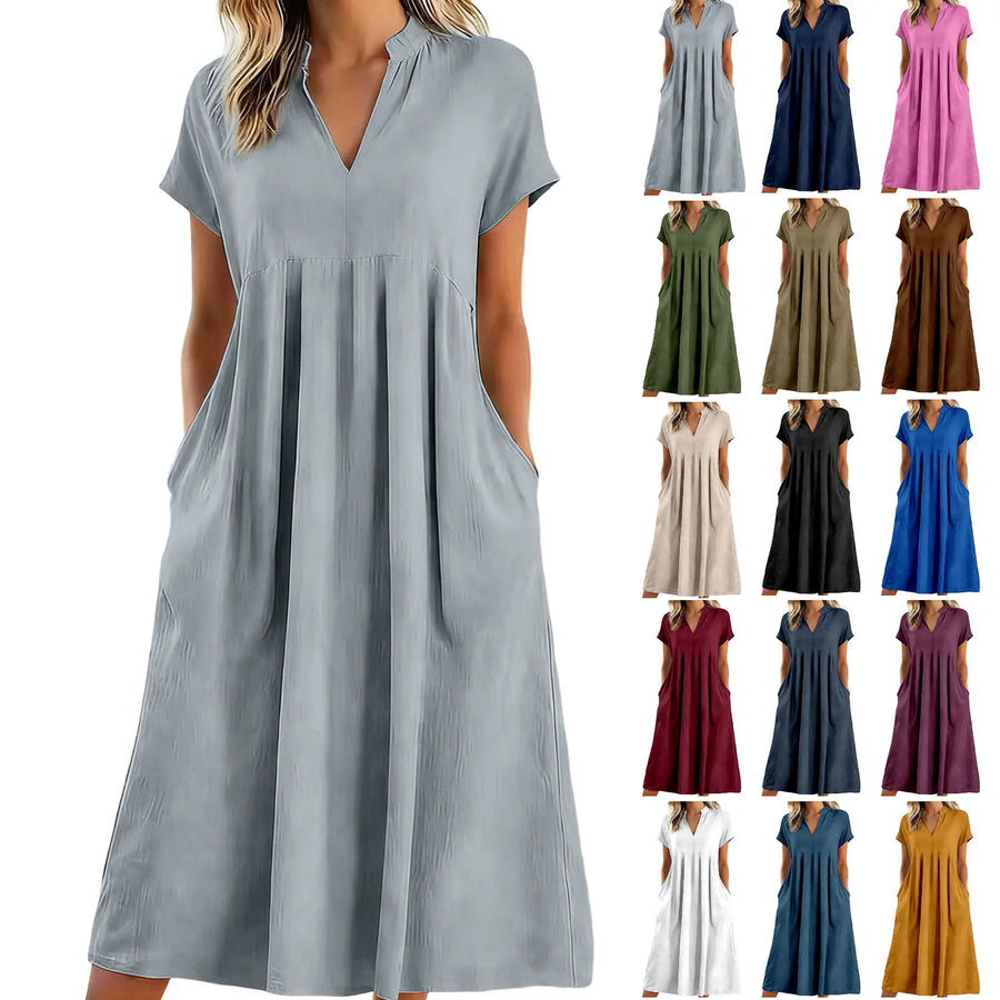 Linen V-Neck Midi Sundress with Pockets